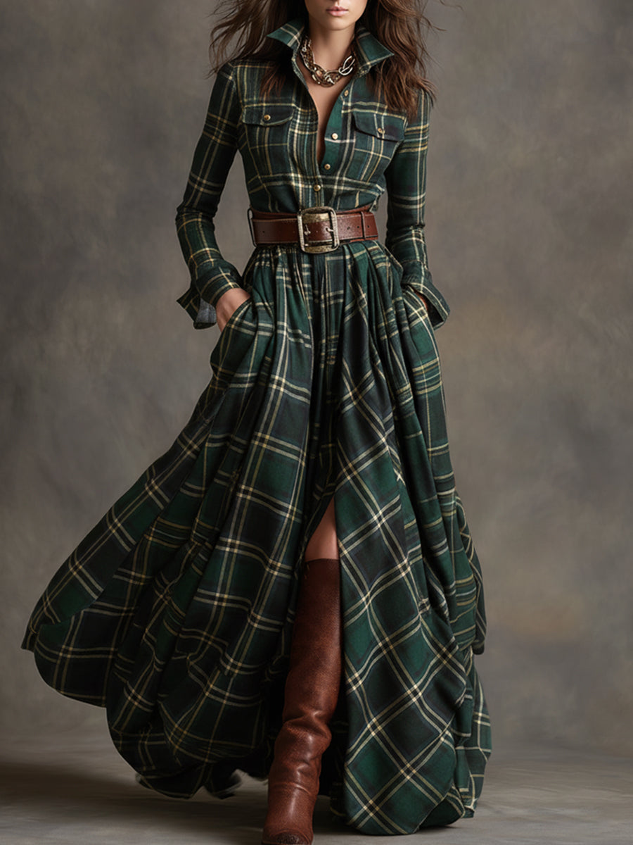 Isabella - Tartan Check Belted Maxi Shirt Dress