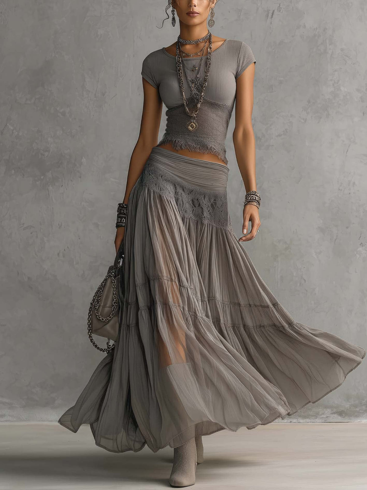 Saskia - Grey Lace-Panelled Top And Pleated Maxi Skirt Set