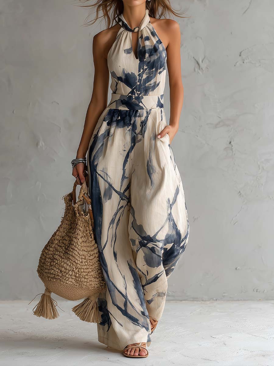 Isobel - Halter Neck Ink Print Wide Leg Jumpsuit