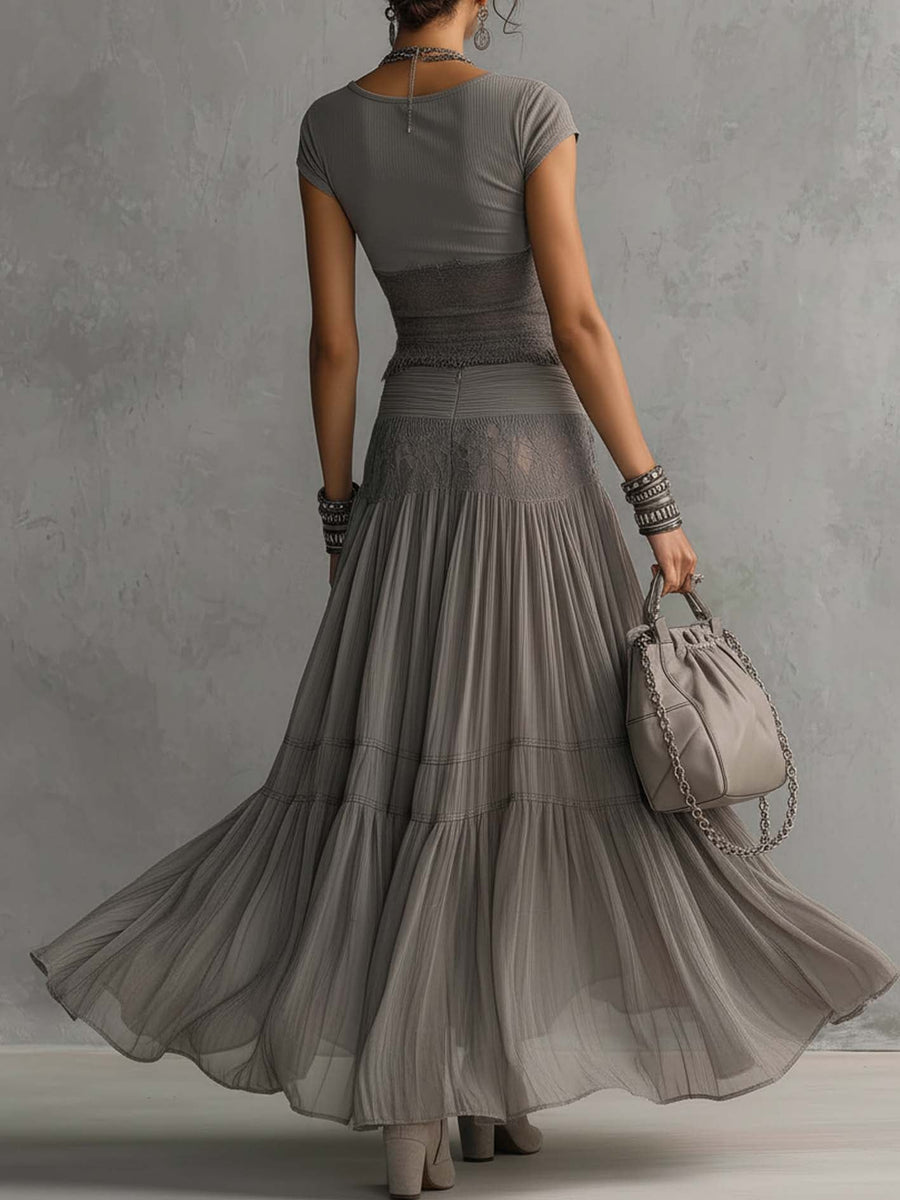 Saskia - Grey Lace-Panelled Top And Pleated Maxi Skirt Set