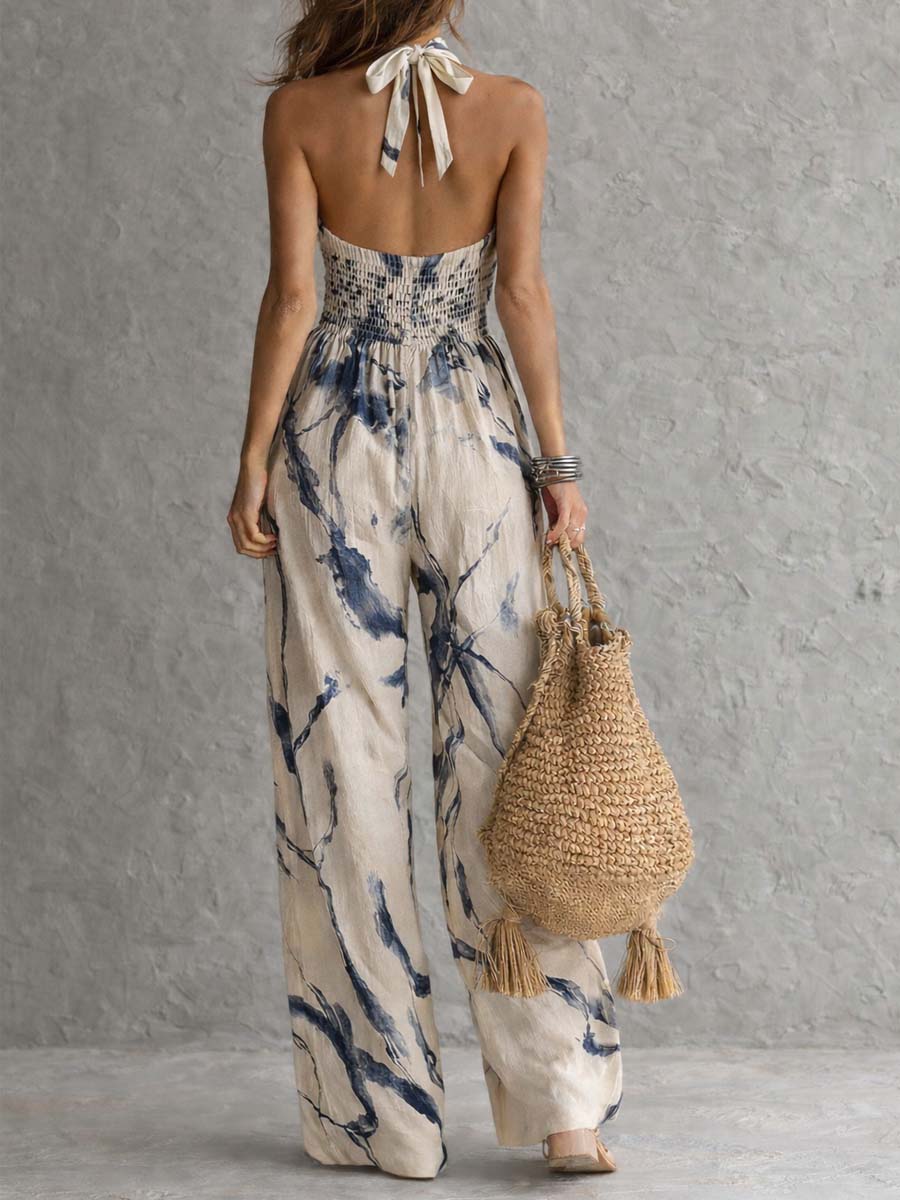 Isobel - Halter Neck Ink Print Wide Leg Jumpsuit