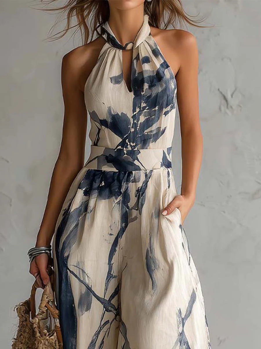 Isobel - Halter Neck Ink Print Wide Leg Jumpsuit