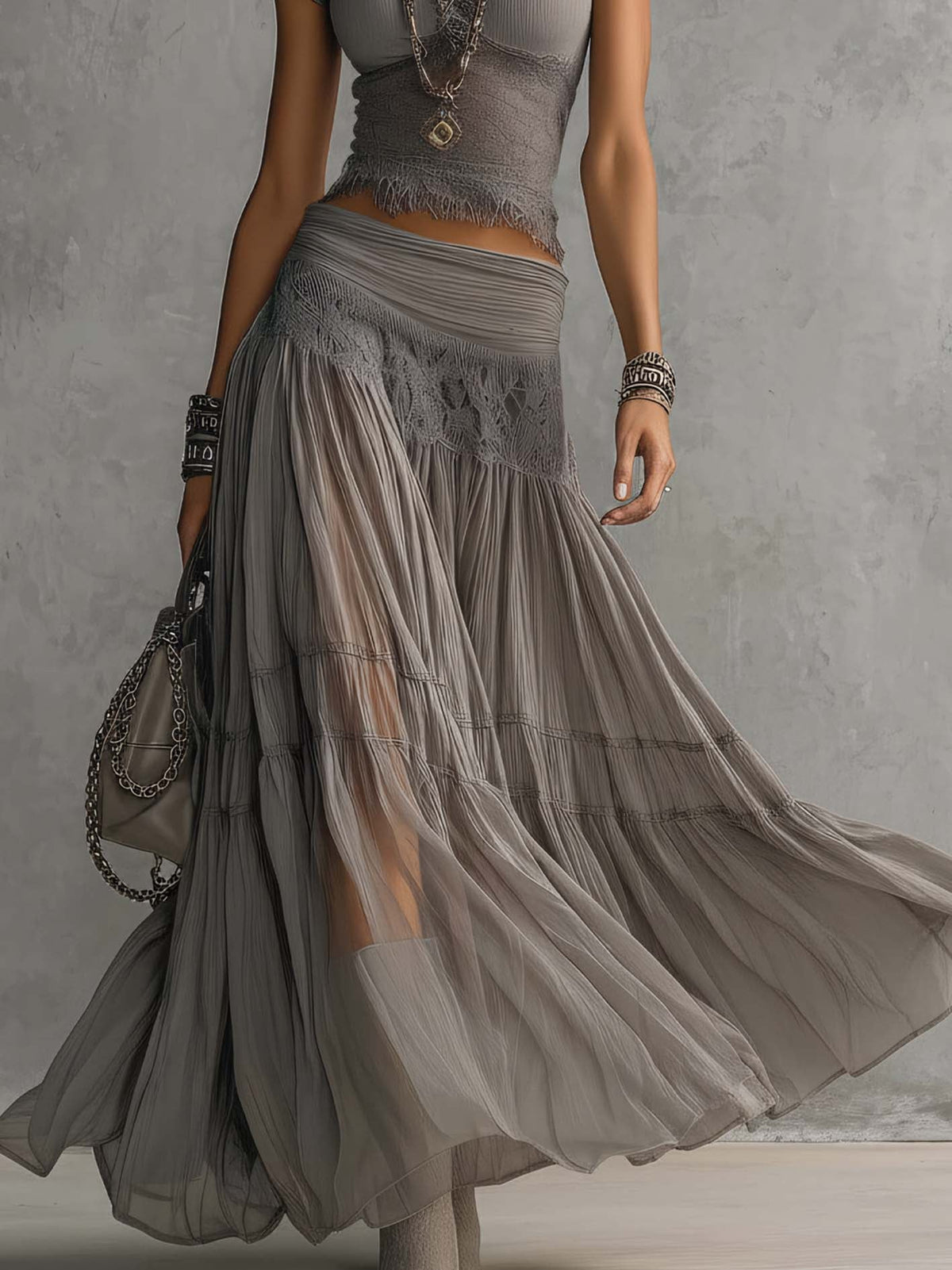 Saskia - Grey Lace-Panelled Top And Pleated Maxi Skirt Set
