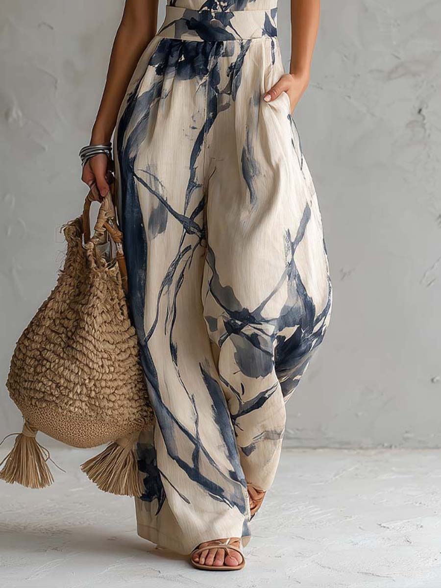 Isobel - Halter Neck Ink Print Wide Leg Jumpsuit