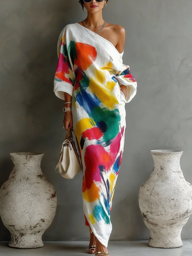 Ottilie - Abstract Print One-Shoulder Maxi Dress