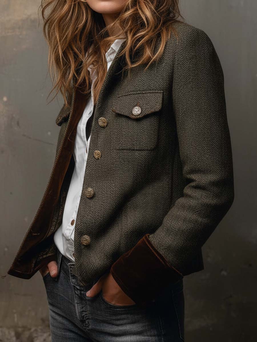 Bryony - Herringbone Contrast Trim Jacket