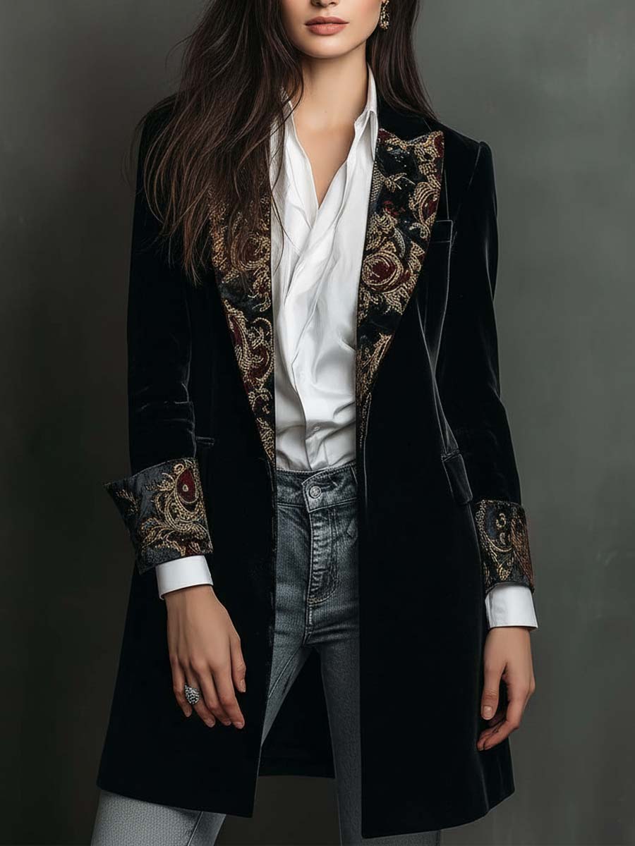 Penelope - Longline Baroque Trim Velvet Blazer