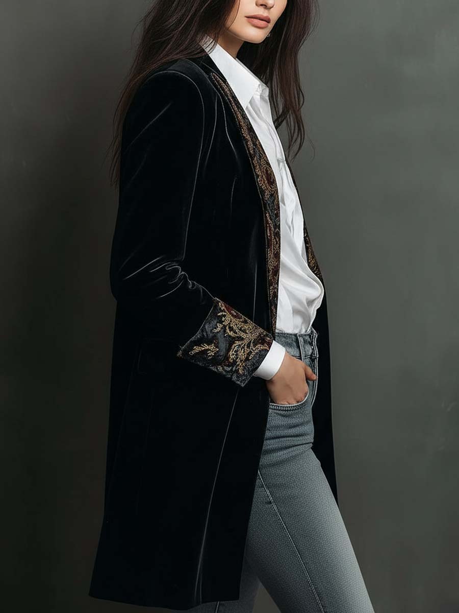 Penelope - Longline Baroque Trim Velvet Blazer