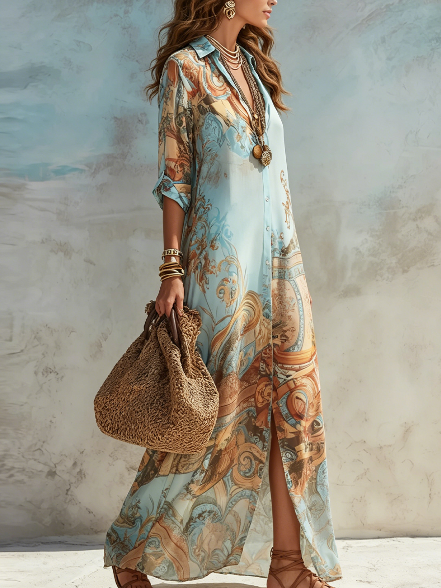 Cordelia - Baroque Print Button-Front Maxi Dress