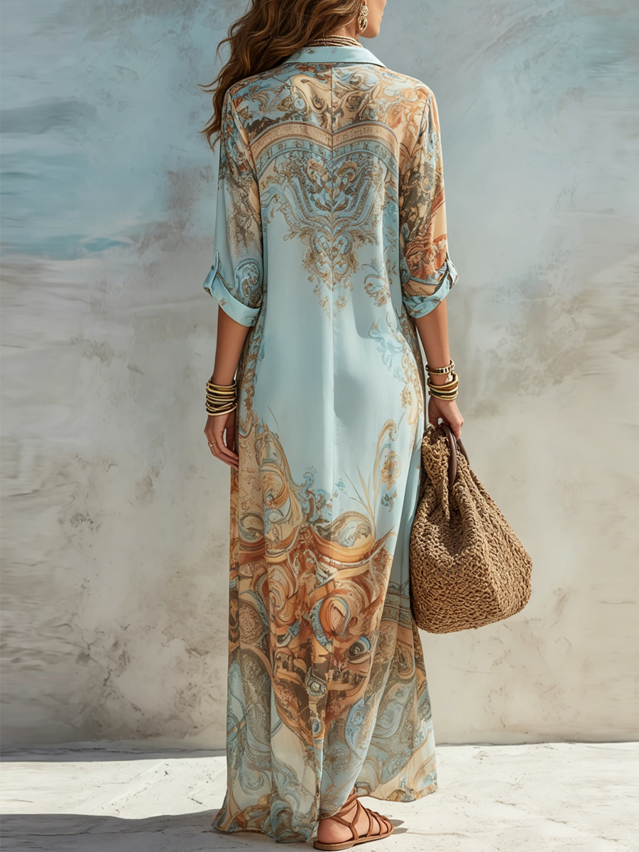 Olympia - Baroque Print Button-Front Maxi Dress