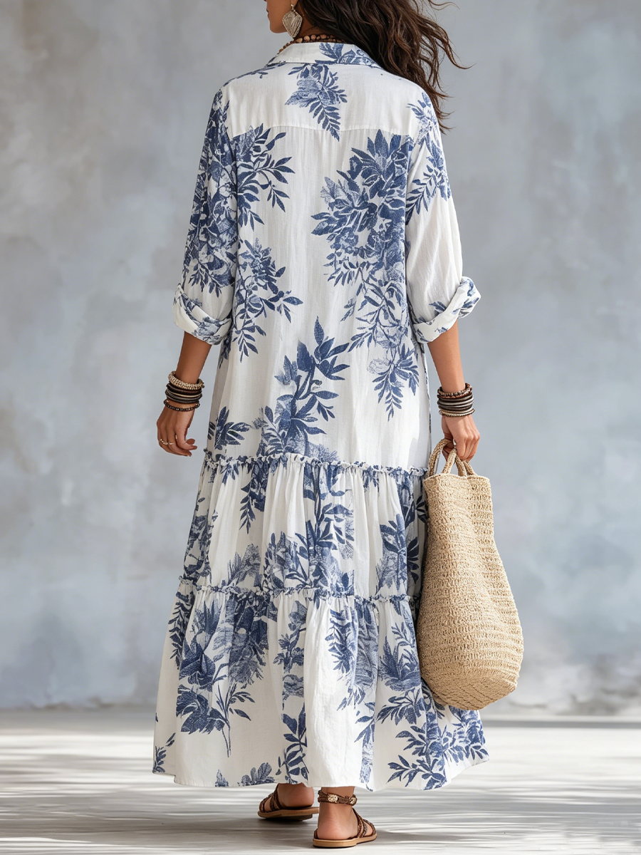 Esme - Blue Floral Tiered Maxi Shirt Dress