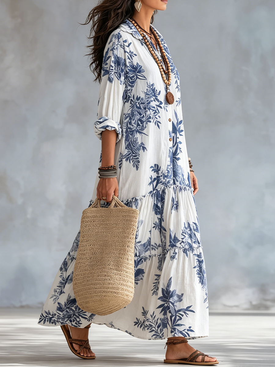 Esme - Blue Floral Tiered Maxi Shirt Dress