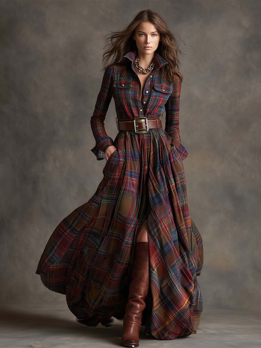 Isabella - Tartan Check Belted Maxi Shirt Dress