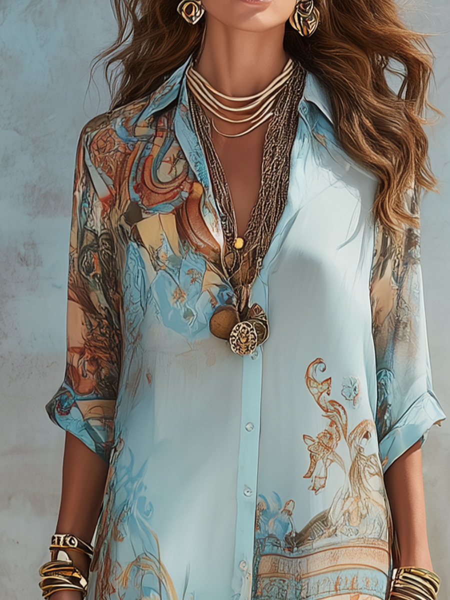 Cordelia - Baroque Print Button-Front Maxi Dress