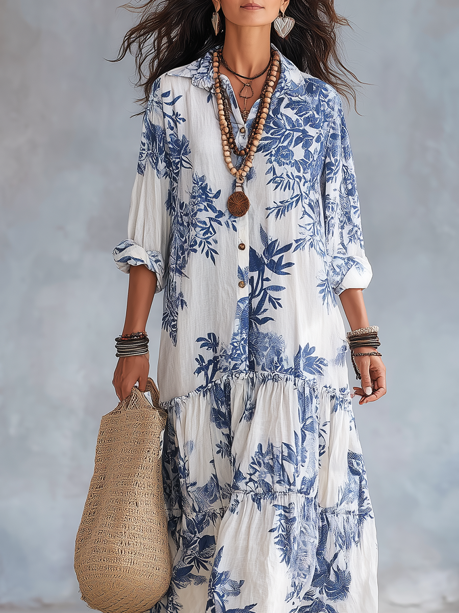 Esme - Blue Floral Tiered Maxi Shirt Dress