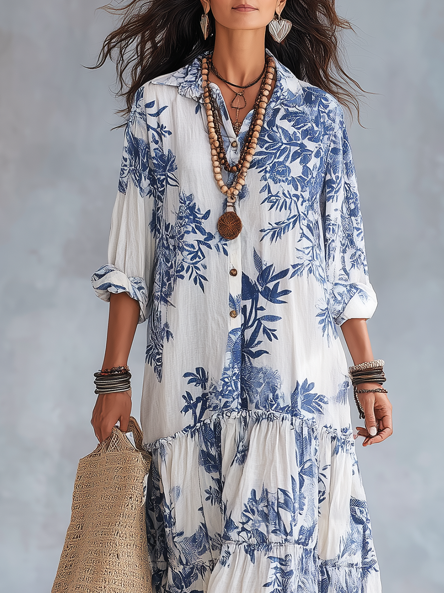 Esme - Blue Floral Tiered Maxi Shirt Dress