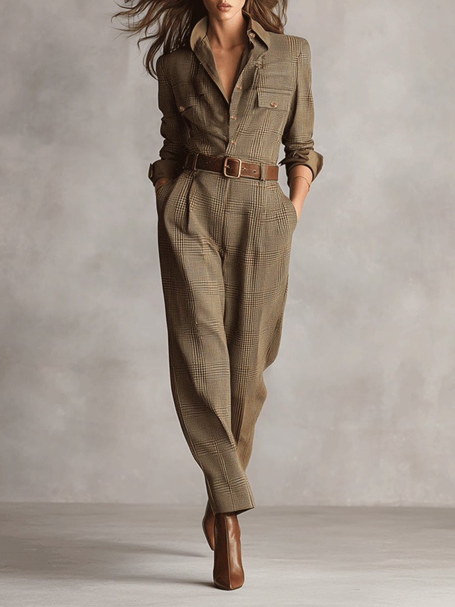 Ingrid - Checked Belted Utility Jumpsuit