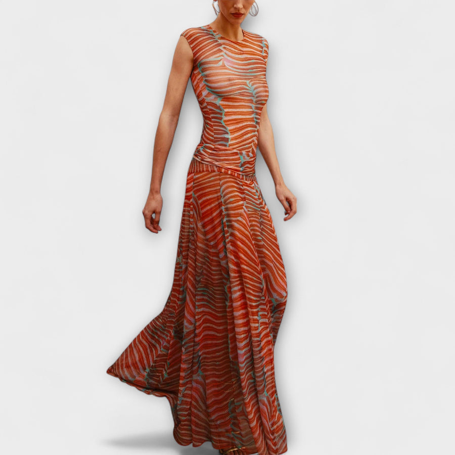 Phoenix – Shimmering Wave Mesh Bodysuit and Skirt Ensemble