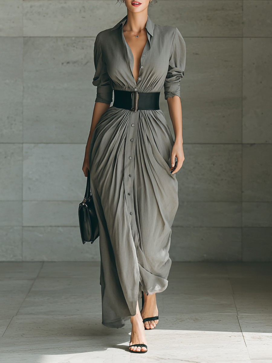 Florence - Pleated Belted Shirt Maxi Dress