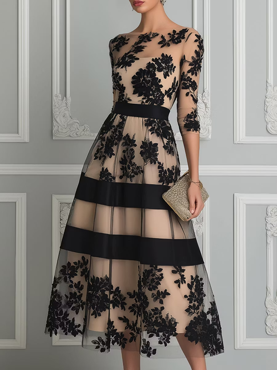 Eleanor - Floral Lace A-Line Midi Dress