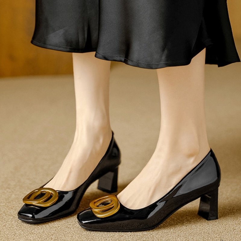 Ophelia - Square-Toe Block Heel Court Shoes