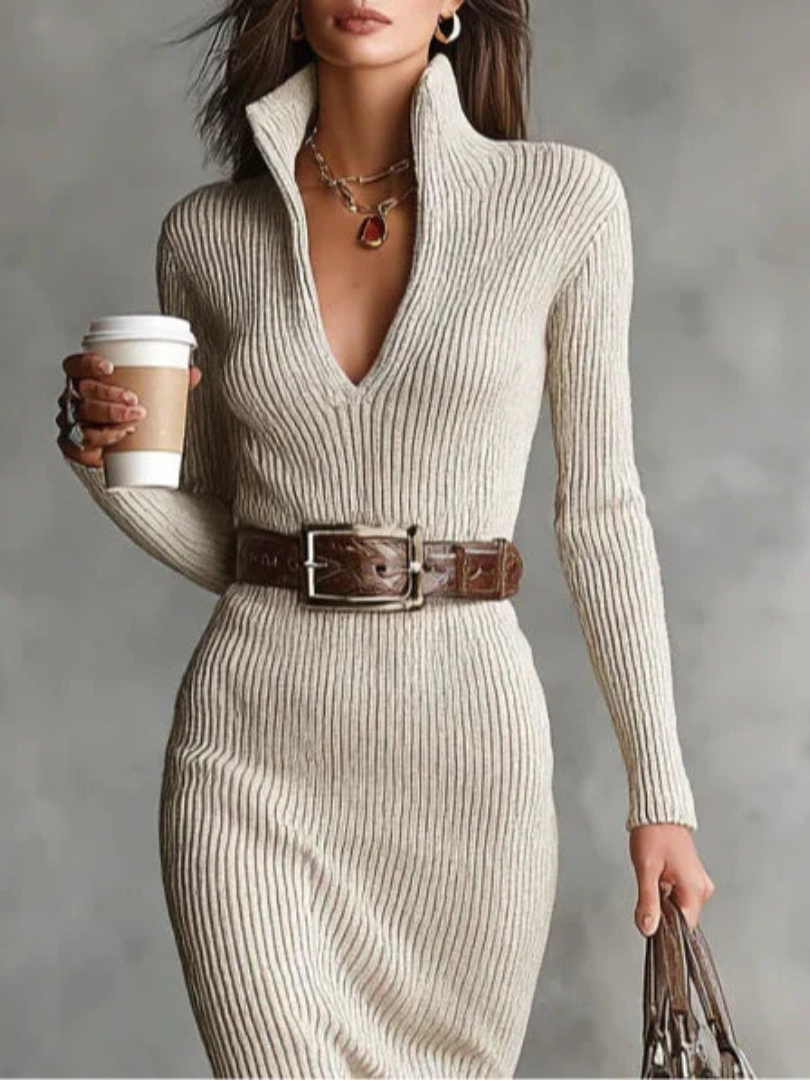 Clara - Ribbed Knit Collared Midi Dress