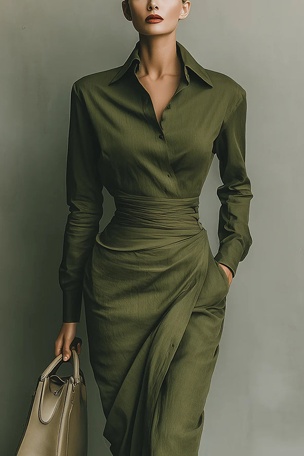 Philippa - Collared Draped-Waist Midi Dress