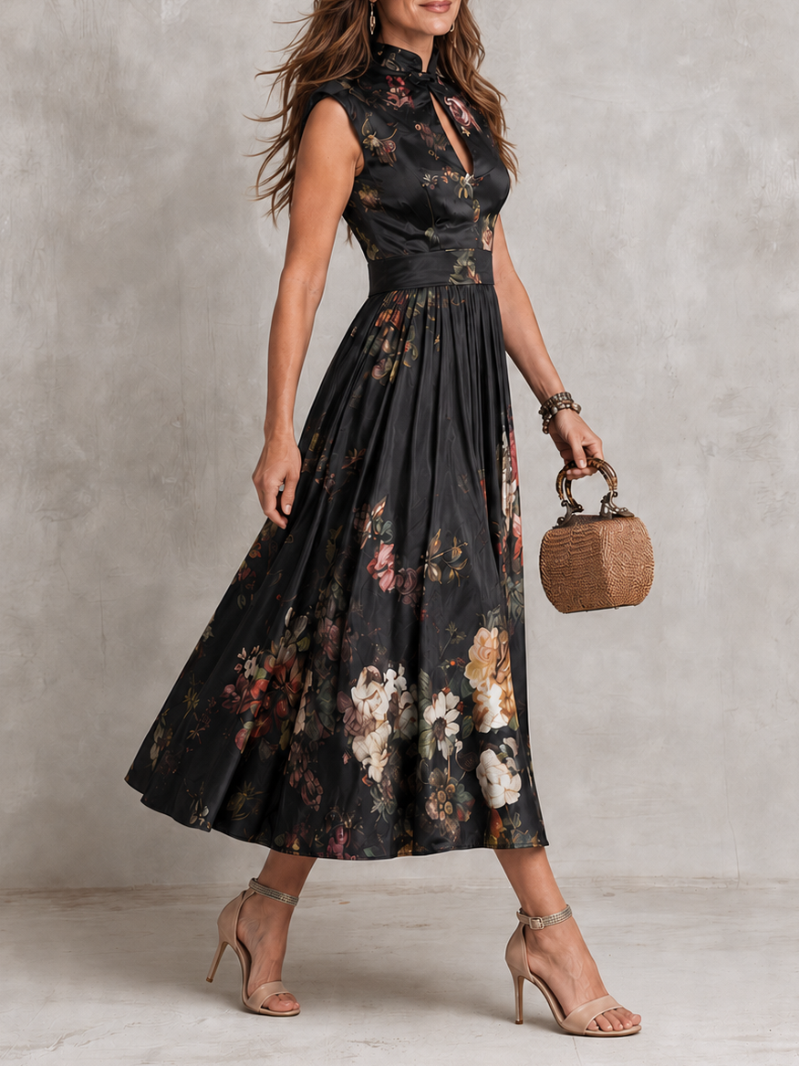 Cordelia - Floral Keyhole Pleated Midi Dress