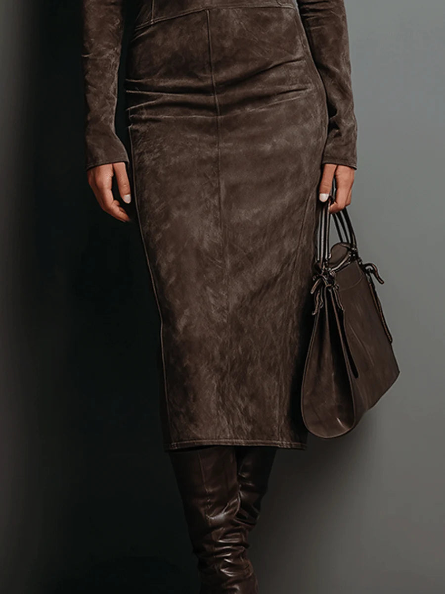 Rosamund - Faux Suede High Neck Midi Dress