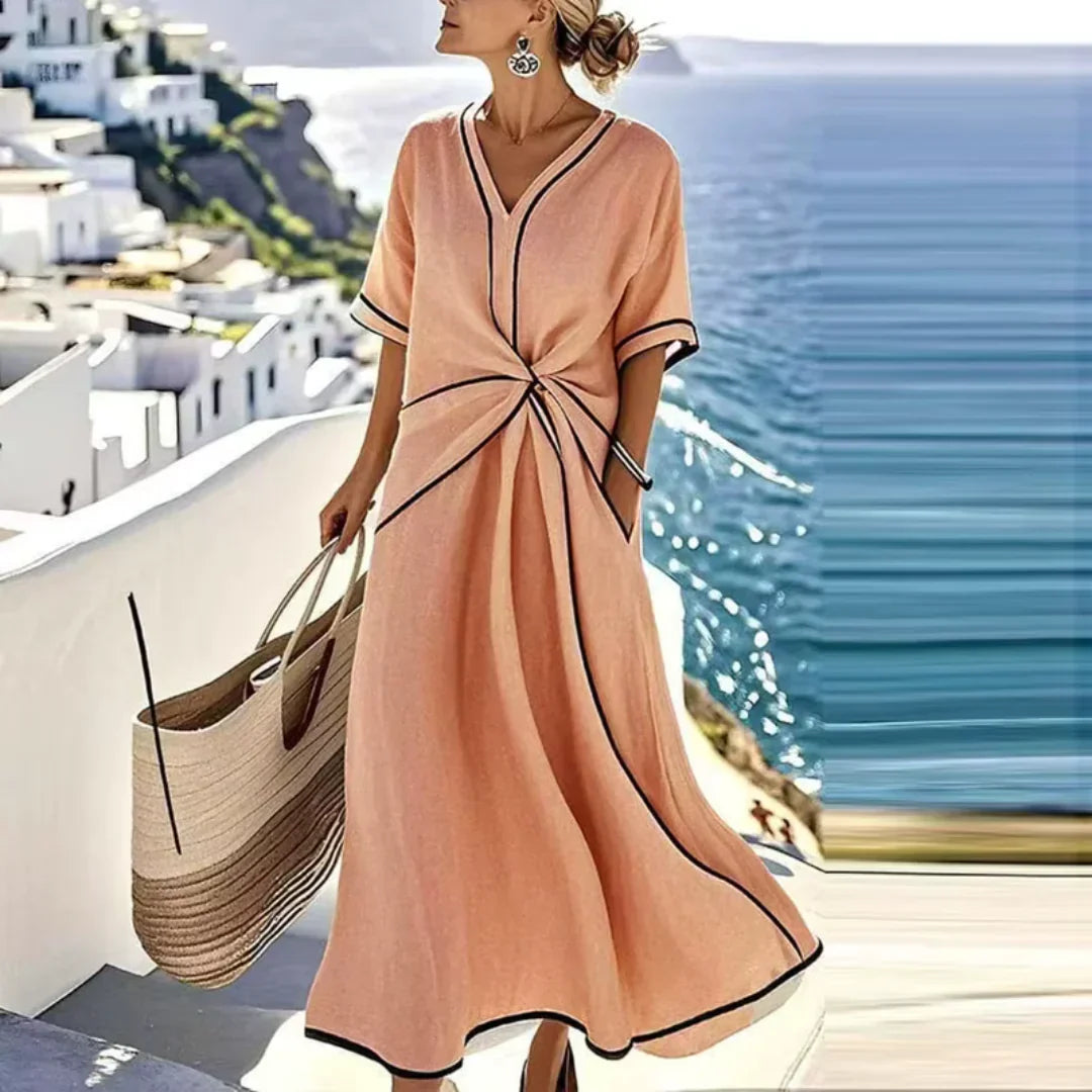 Verity - Twist-Waist Contrast Trim Midi Dress