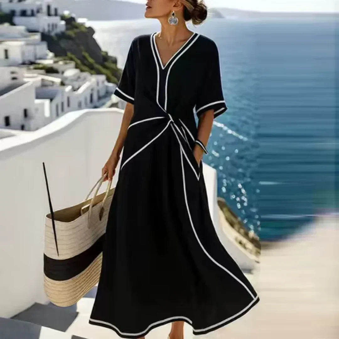 Verity - Twist-Waist Contrast Trim Midi Dress