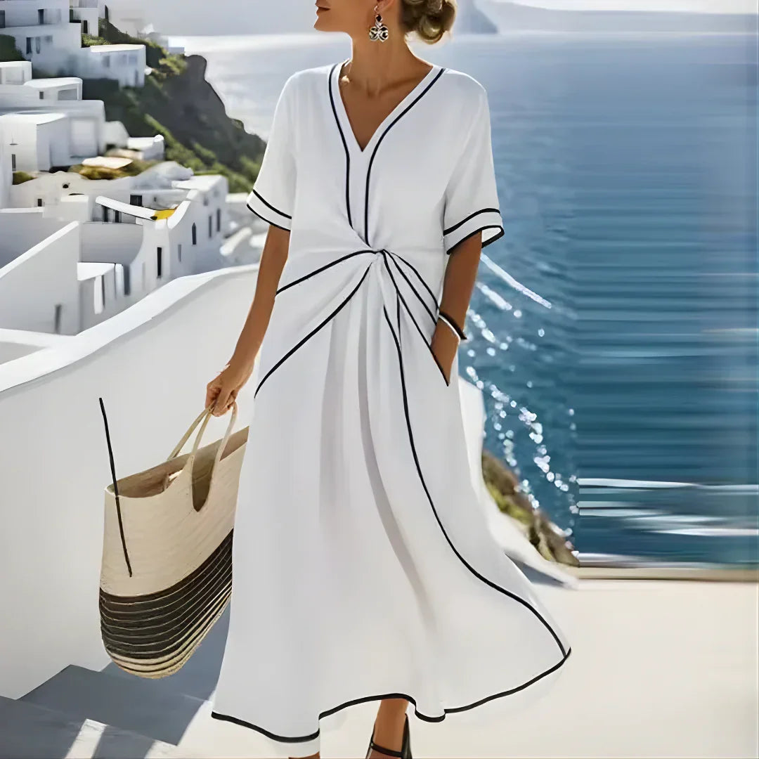 Verity - Twist-Waist Contrast Trim Midi Dress