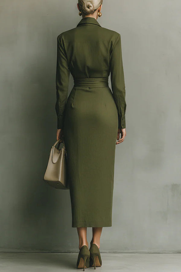 Philippa - Collared Draped-Waist Midi Dress