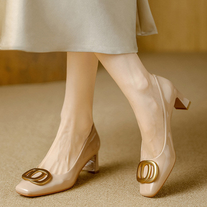 Ophelia - Square-Toe Block Heel Court Shoes