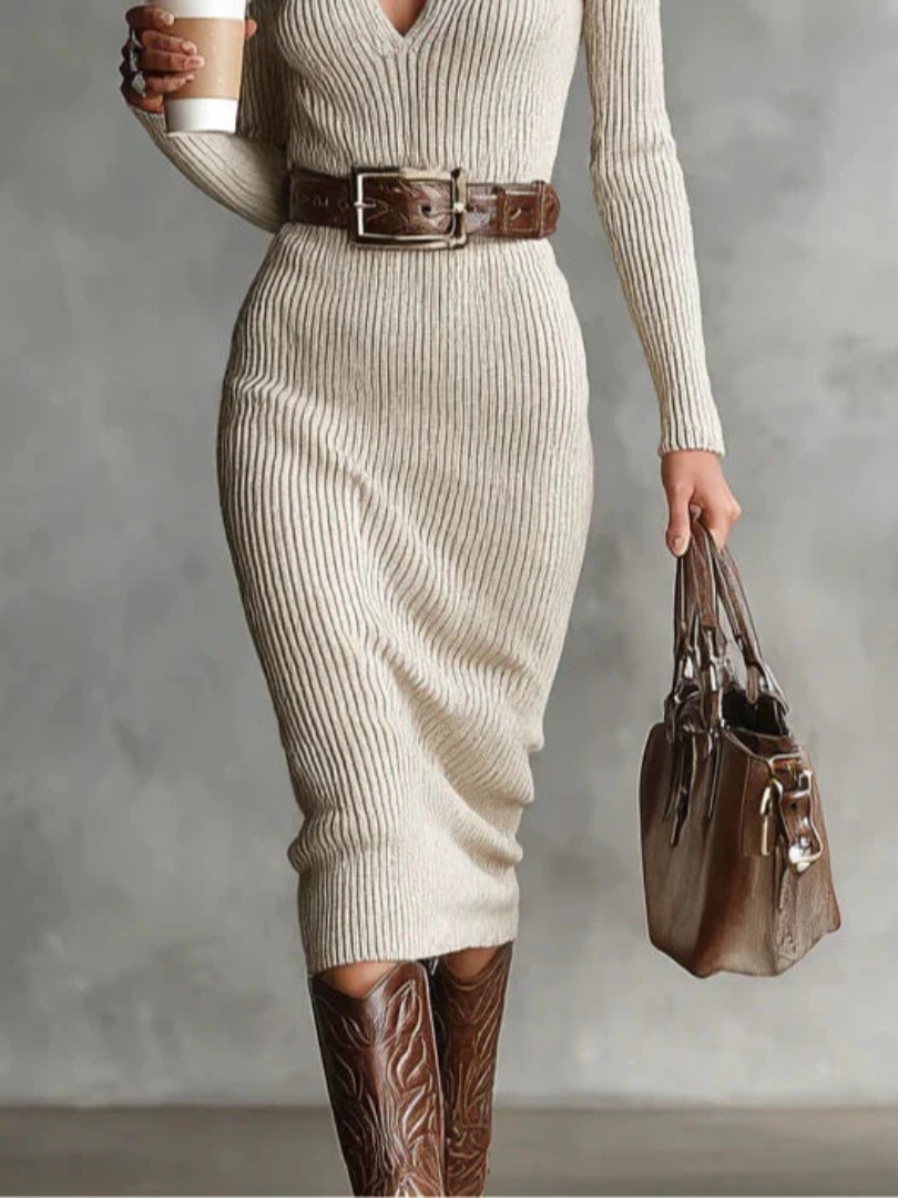 Clara - Ribbed Knit Collared Midi Dress