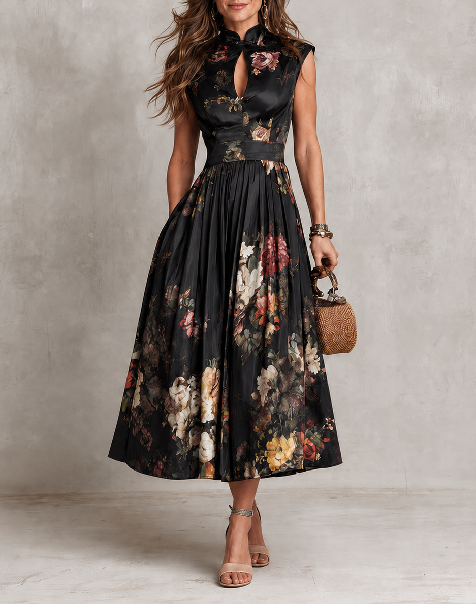 Cordelia - Floral Keyhole Pleated Midi Dress