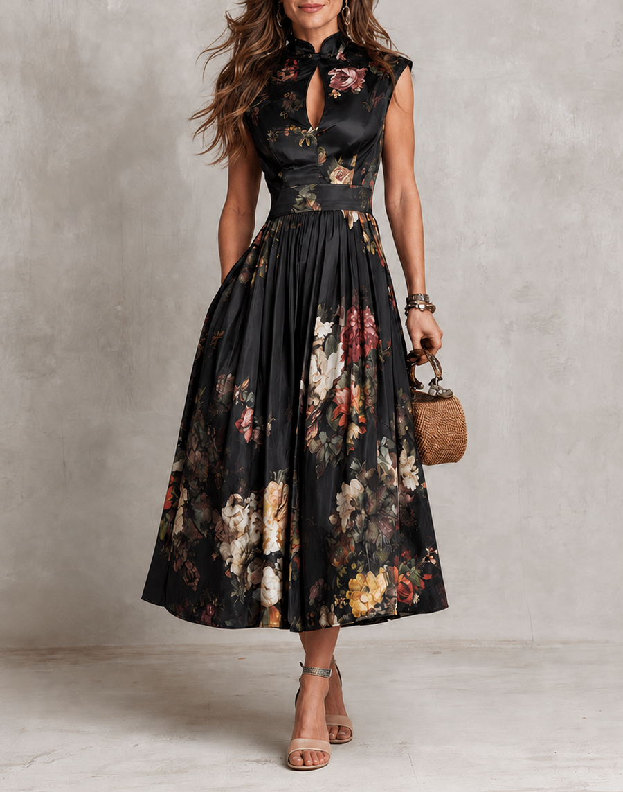 Cordelia - Floral Keyhole Pleated Midi Dress