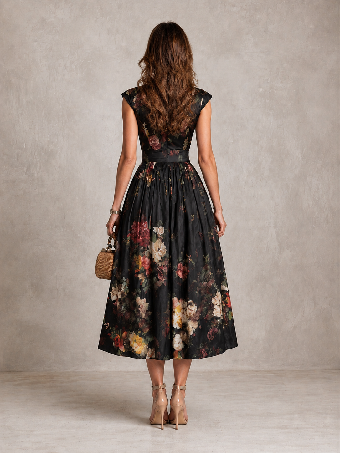 Cordelia - Floral Keyhole Pleated Midi Dress