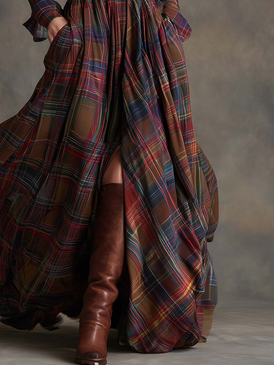 Isabella - Tartan Check Belted Maxi Shirt Dress