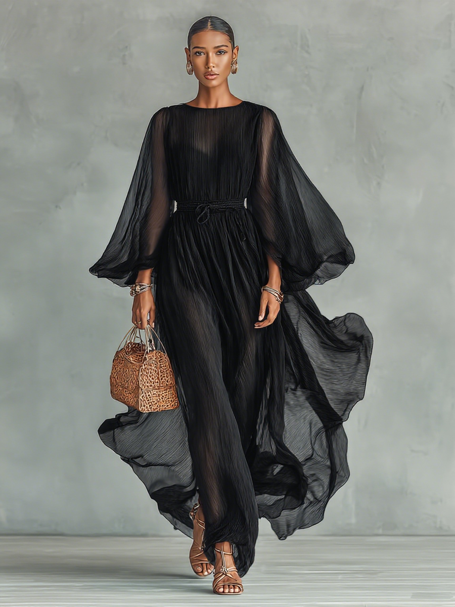 Seren - Pleated Maxi Dress With Sheer Balloon Sleeves