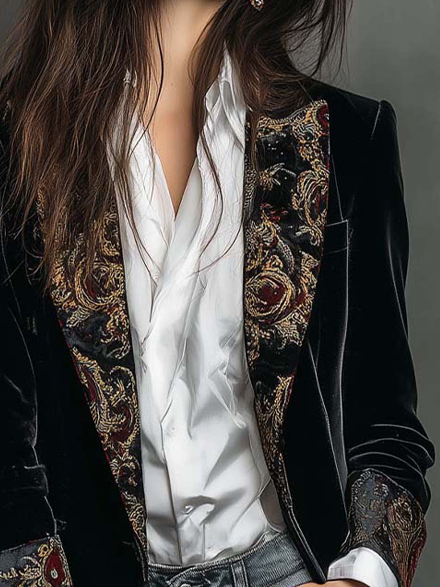 Penelope - Longline Baroque Trim Velvet Blazer