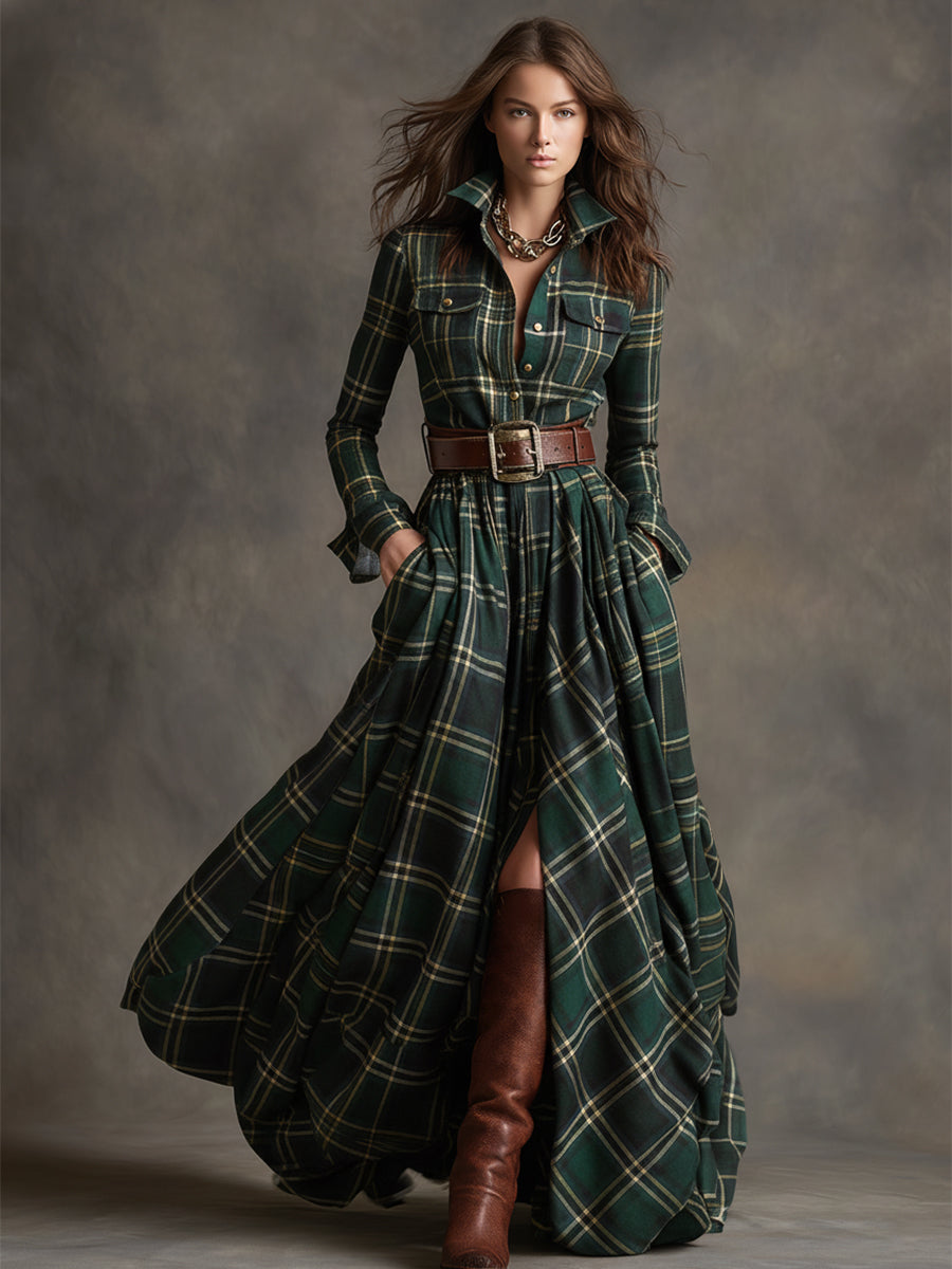 Isabella - Tartan Check Belted Maxi Shirt Dress