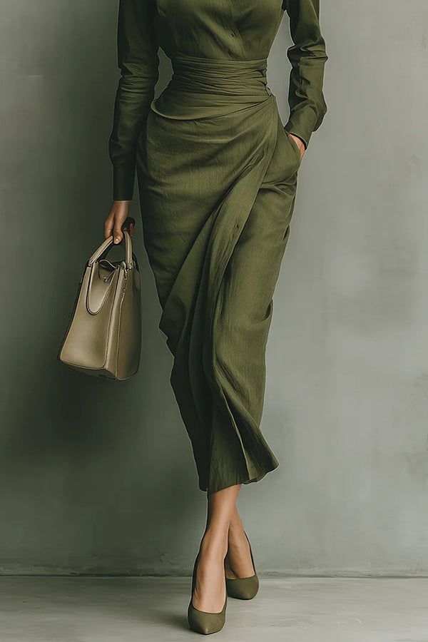Philippa - Collared Draped-Waist Midi Dress