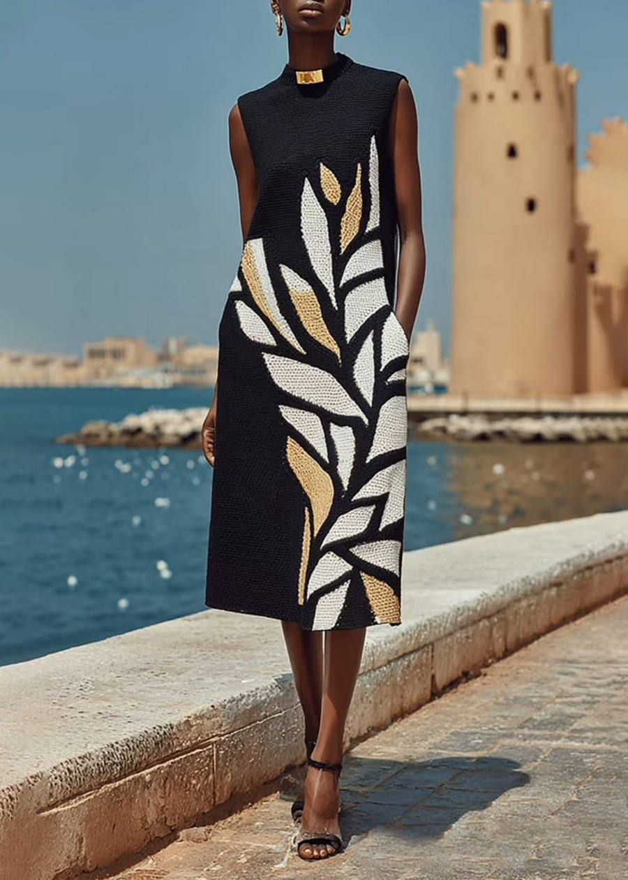 Oriana - Sleeveless Leaf Motif Midi Dress