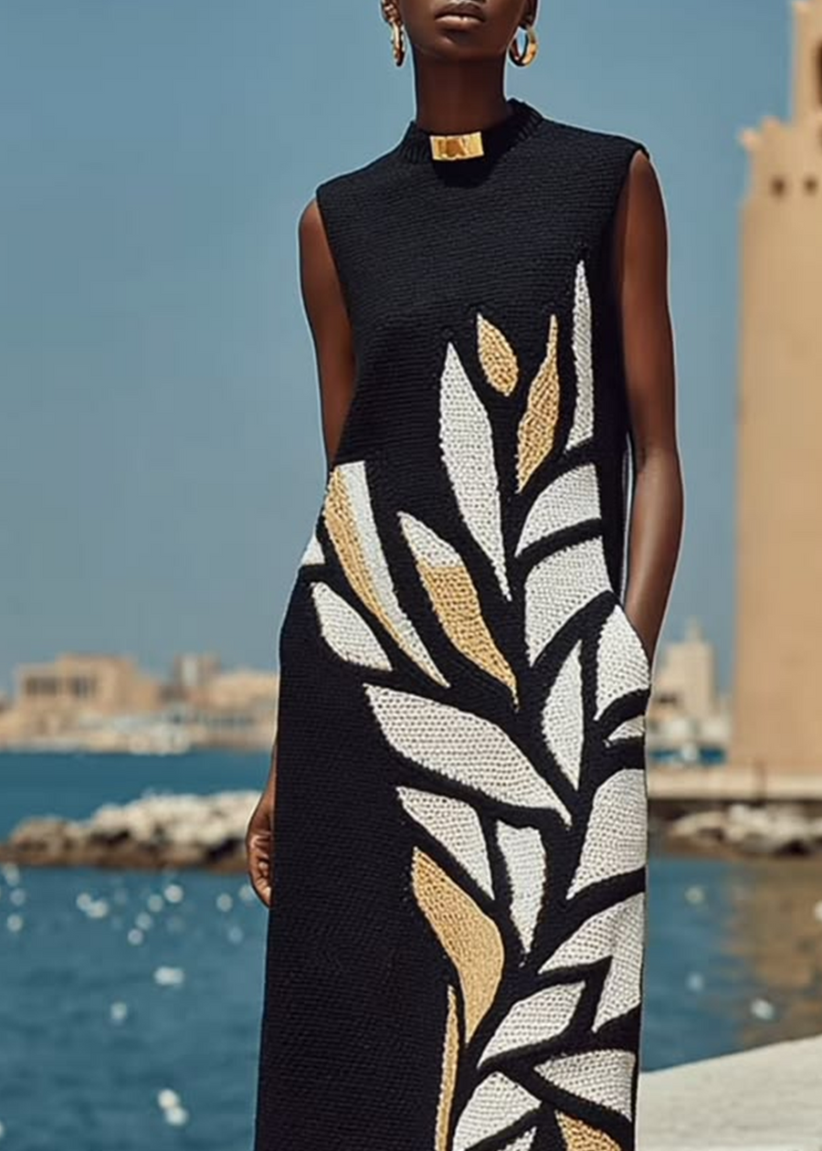Oriana - Sleeveless Leaf Motif Midi Dress