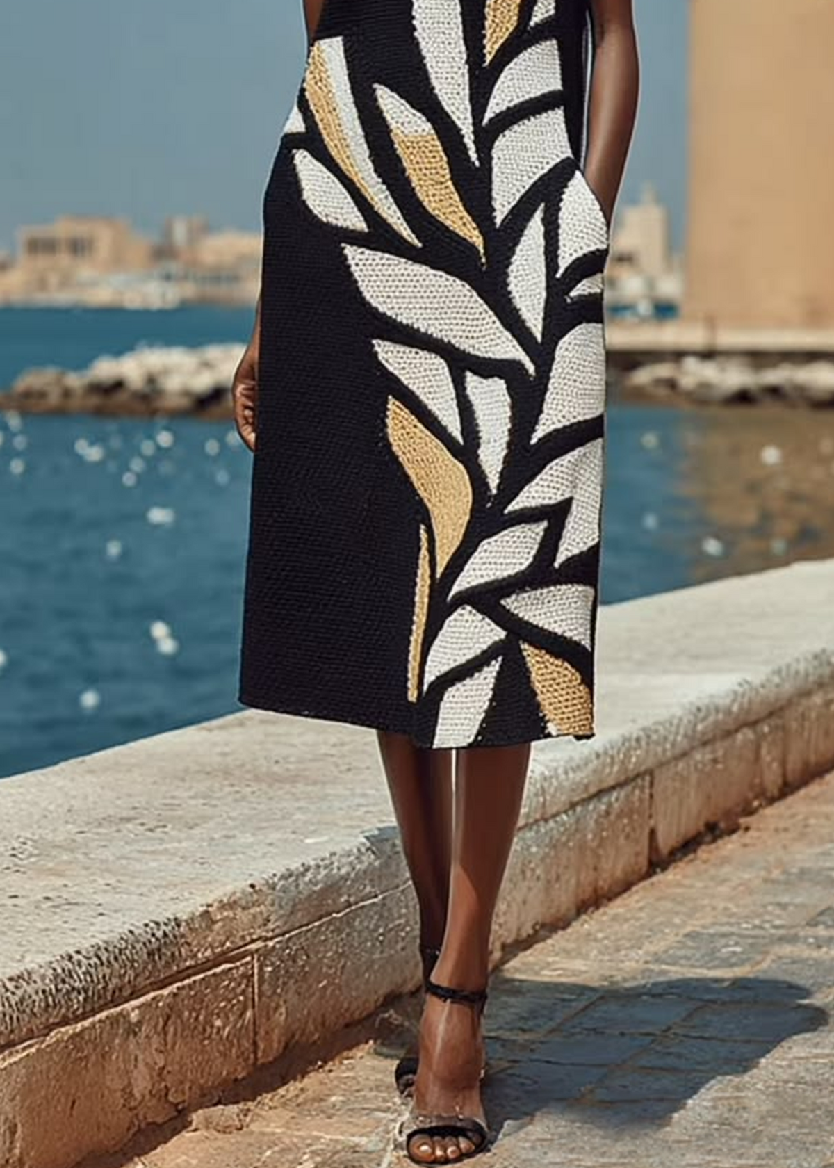Oriana - Sleeveless Leaf Motif Midi Dress