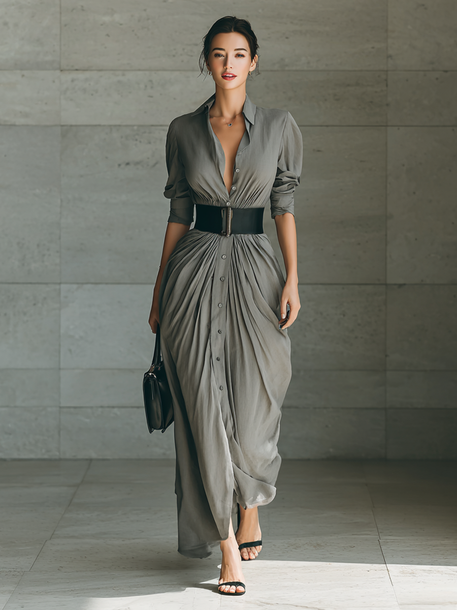 Florence - Pleated Belted Shirt Maxi Dress
