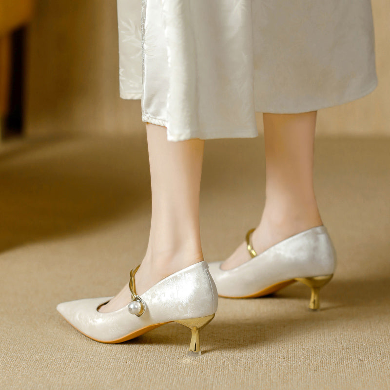 Juliet - Pointed Pearl-Effect Strap Heels