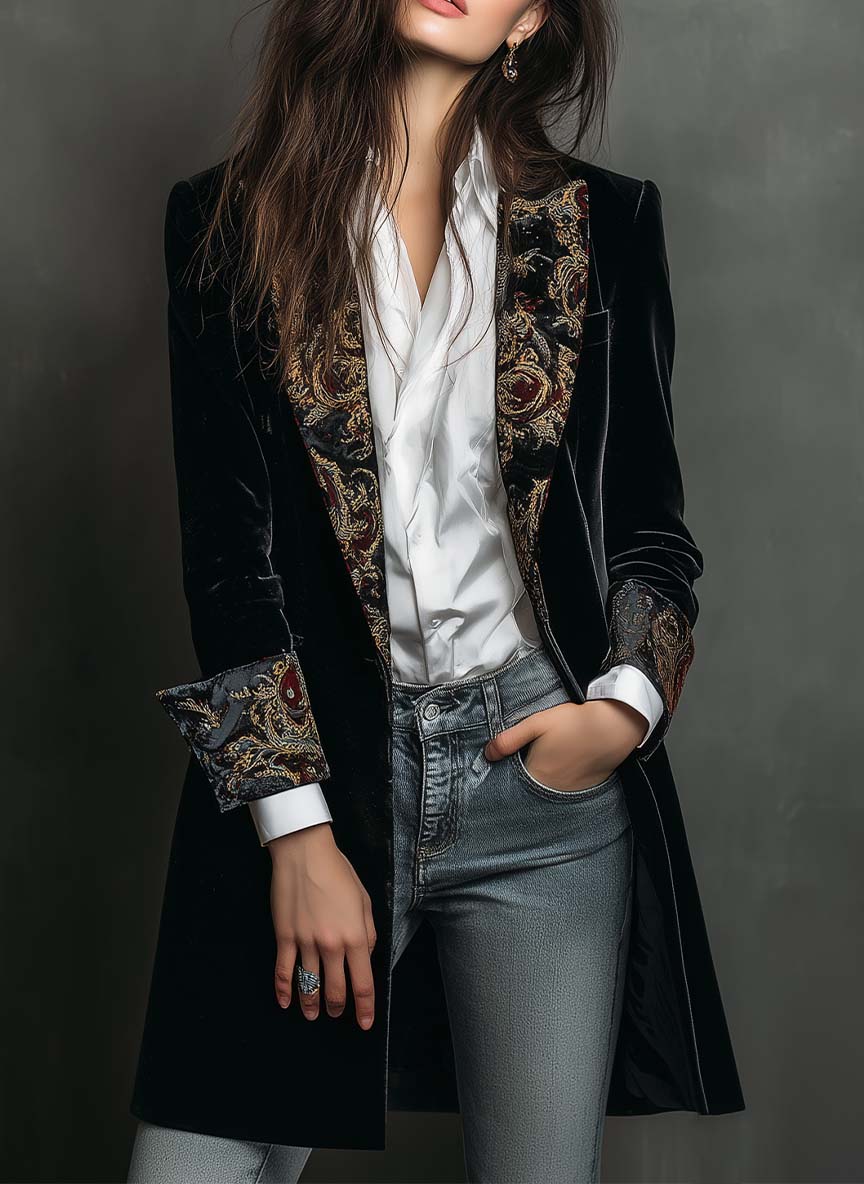 Penelope - Longline Baroque Trim Velvet Blazer