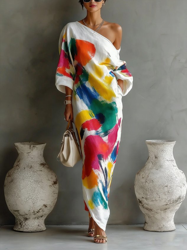 Ottilie - Abstract Print One-Shoulder Maxi Dress